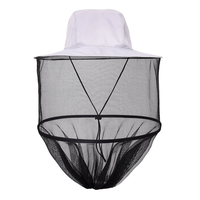 Mens Fishing Hats Sun Protection Mosquito Net Hat featuring a white nylon fabric bucket hat with a hidden black polyester mesh net for mosquito protection. The hat offers UPF50+ sun protection and a 360-degree veil for optimal coverage. Designed for outdoor activities, it fits head circumferences of 21.7 to 22.8 inches and includes a crown depth of 3.5 inches and a 14.5-inch long veil. Suitable for men and women.