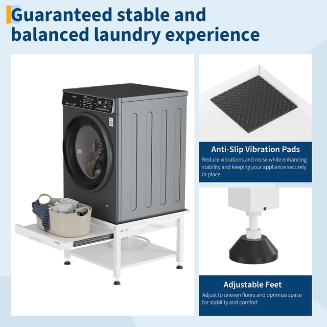 Heavy Duty Laundry Pedestal Stand for Washer & Dryer – Alloy Steel Storage Rack with Pull-Out Shelf, Adjustable Anti-Vibration Pads, Leak Protection, 1000 lbs Capacity – White, 27x27x16 Inch