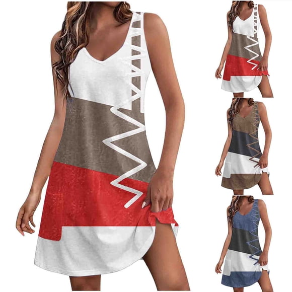 XZNGL Casual Summer Dress for Women with Sleeveless V-Neck Design, Printed Pattern, Front Pocket, Regular Length, Polyester Spandex Blend