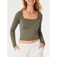 thumbnail image 3 of Diconna T-shirt pour Femmes à Manches Longues, Encolure Carrée, Uni, Coupe Ajustée, Hauts d'Automne pour Dames, Mode Urbaine, 3 of 6