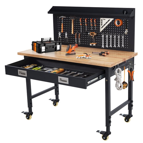 Établi Ajustable – 48x24 Pouces Robuste – Capacité de 2000 lb – Dessus en Bois de Caoutchouc – Prises de Courant, Tiroir et Panneau Perforé – 4 Roues Verrouillables – Noir