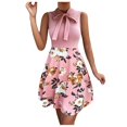 thumbnail image 2 of HKEJIAOI Robe Fleurie pour Femmes Robe d'Anniversaire Mode pour Femmes Col Rond Sans Manches Taille Haute Imprimée avec Nœud Robe Trapèze Économies Liquidation Rose, 2 of 3