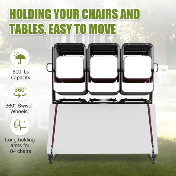Folding Chair Rack, 800 LBS Capacity, Dual-Layer Chair Storage Dolly for 84 Chairs, with PVC Lock Wheels with PVC Lock Wheels