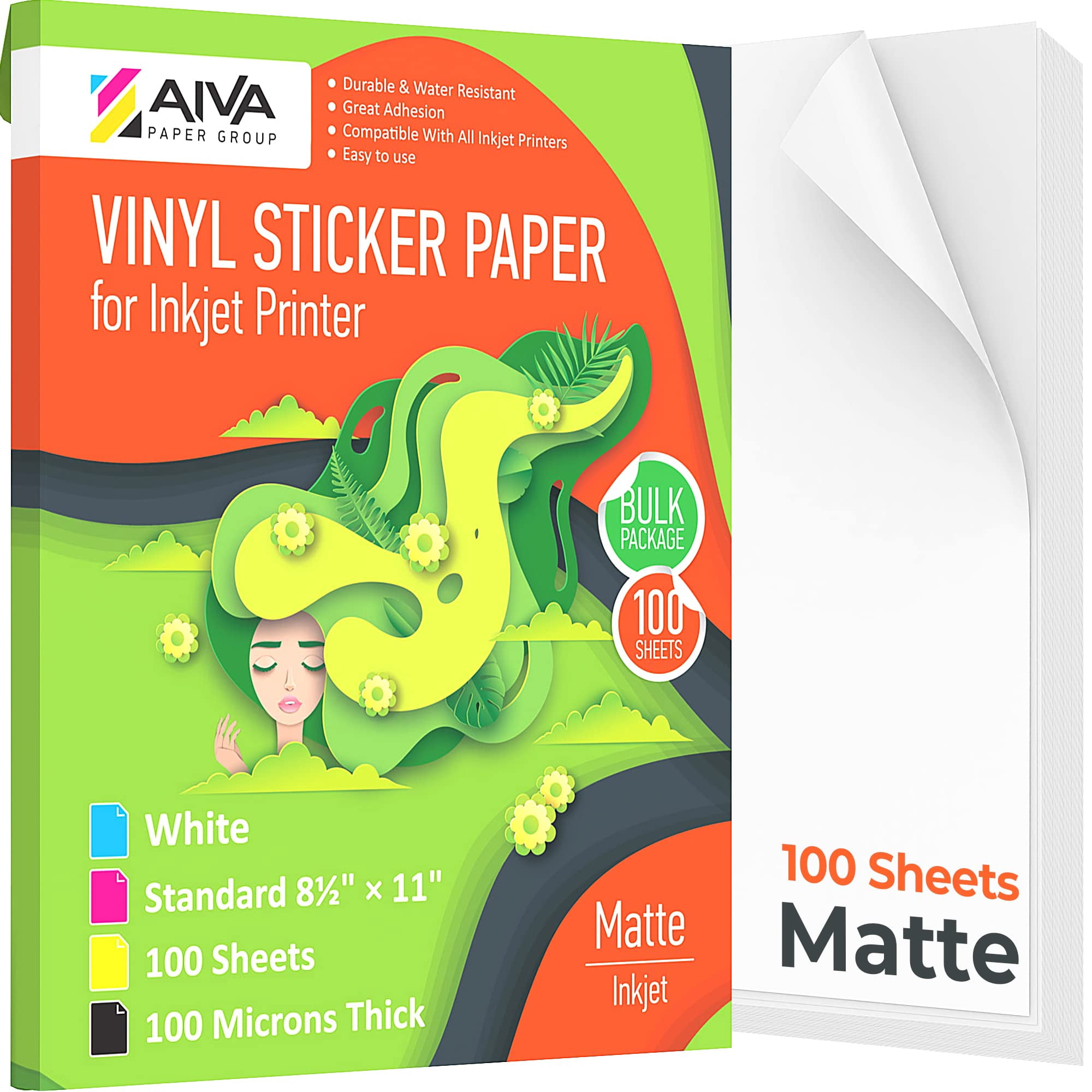 Printable Vinyl Sticker Paper for Inkjet Printer - Matte White - 100 Self-Adhesive Sheets - Waterproof Decal Paper - Standard Letter Size 8.5"x11"
