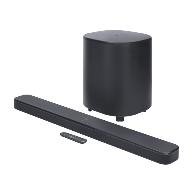JBL Bar 500MK2 soundbar system with a slim black soundbar, wireless 10-inch subwoofer in matte black, and compact remote control, offering 750W power, Dolby Atmos surround sound, and HDMI eARC for enhanced home theatre audio.