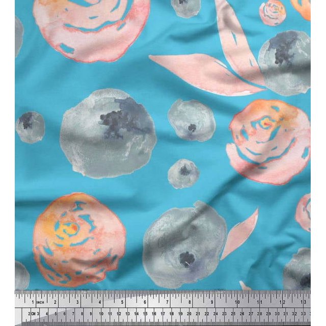 Soimoi Poly Georgette Fabric Flower & Leaves Watercolor Printed Fabric 1 Yard 52 Inch Wide