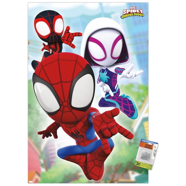 Marvel Spidey and His Amazing Friends - Affiche Murale de Toiles, 22,375 Pouces x 34 Pouces Mettant en Vedette Trois Personnages Spider-Man Animés dans des poses Dynamiques : Spider-Man Classique Rouge et Bleu Accroupi devant, Spider-Gwen à Capuchon Blanc avec Motifs de Toiles Violettes et Sarcelle à Droite, et Spider-Man Miles Morales Noir Assorti en Arrière-Plan, dans un Paysage Urbain Flouté avec le logo Marvel Spidey and His Amazing Friends dans le Coin Supérieur Droit.