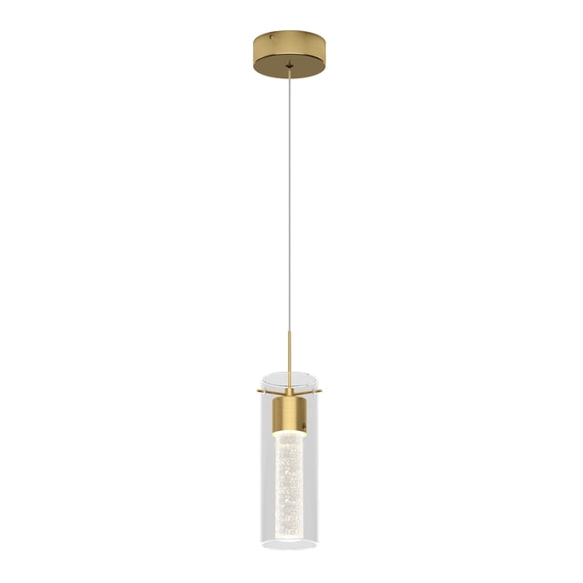 Artika Essence Modern LED 1-Light Pendant Light Fixture in gold, featuring a cylindrical bubbled glass shade suspended from a sleek gold canopy. This modern ceiling light offers integrated LED technology with 450 lumens brightness and 3000 Kelvin colour temperature. Perfect for pendant lighting in dining rooms or kitchen islands.