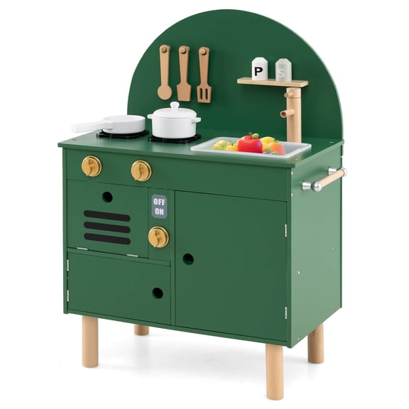 Costway Play Kitchen for Kids with Stoves Faucet Sink Microwave Oven Cooking Accessories Green