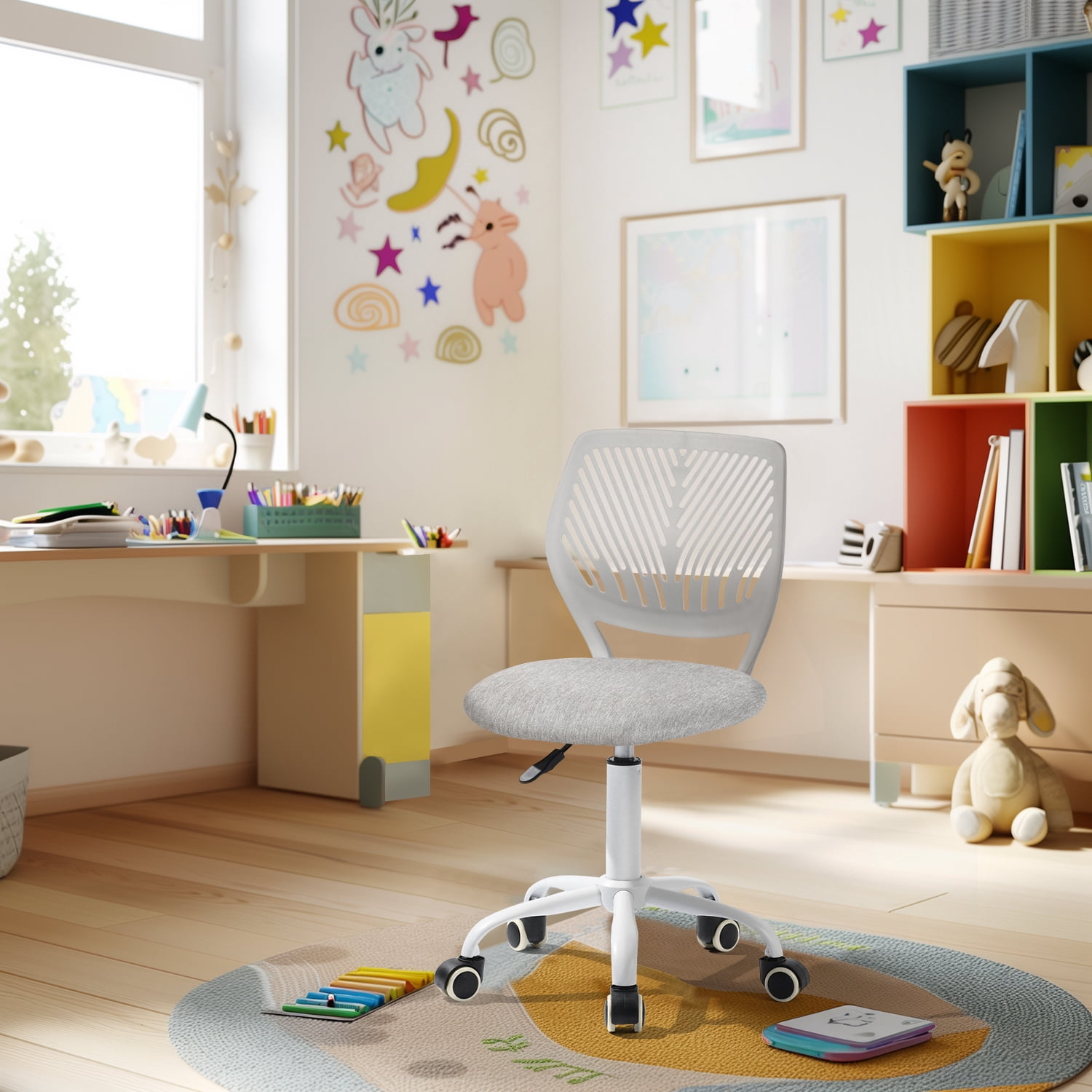 Chaise d'étude pivotante pour garçons et filles Homy Casa avec siège en tissu rose et hauteur réglable