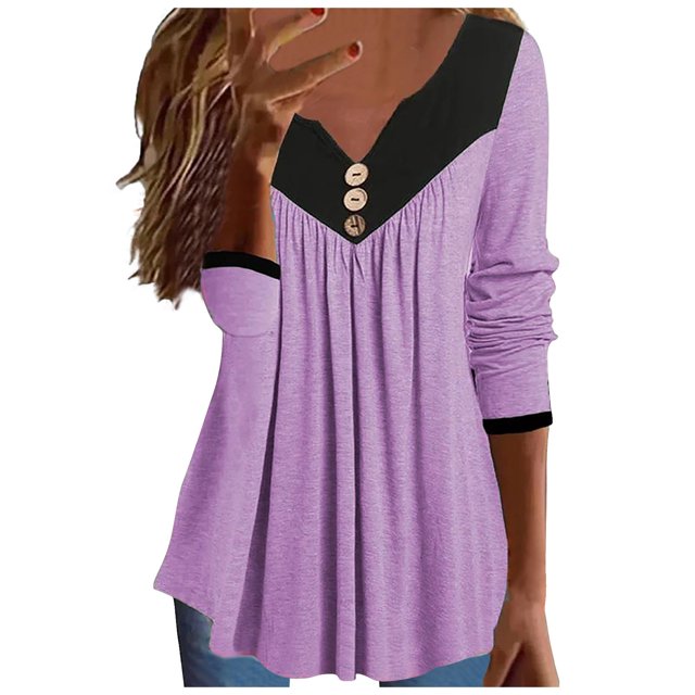 FAIWAD Womens Tunic Tops Long Sleeve Color Block V Neck Button Down Pleated Flowy Pullover Tops