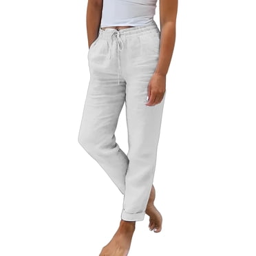 2025 Women's Casual Pants Ladies Summer Elastic High Womens Casual Pants for Summer Waist Solid Color Cotton Rompers for Women Long Pant Casual Linen Wide Leg Loose Women Casual Pants for Work Out