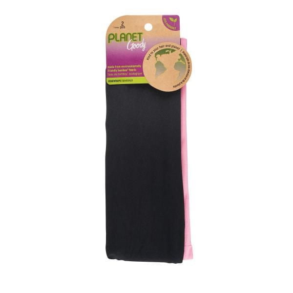 Planet Goody Neutral Headwrap 2Pcs set includes one black and one pink headwrap made from sustainably sourced organic bamboo fabric, offering damage-free hold and durability, packaged in eco-friendly recyclable kraft paper, suitable for gentle hair care.