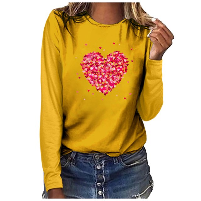 Qertyioot Chandail Cœur d'Amour Saint-Valentin Grande Taille, Haut à Manches Longues Imprimé à Col Rond pour Femmes