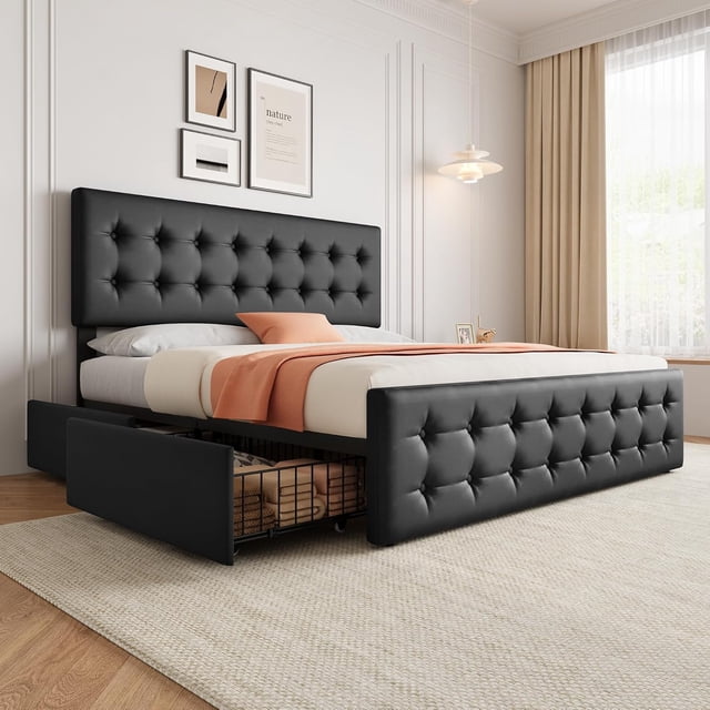 King Size Bed Frame with 4 Storage Drawers and Faux Leather Upholstered Headboard, Wooden Slats Support, Button Tufted Design, No Box Spring Needed, Black
