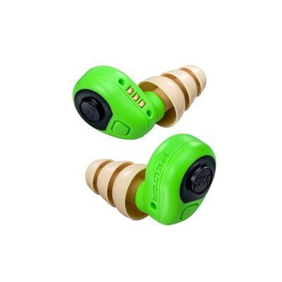 3M PELTOR EEP-100 Electronic Earplug in green, featuring a compact in-ear design with beige replaceable ear tips. These earplugs provide hearing protection in hazardous noise environments, with external microphones for ambient listening and a one-button operation for power and volume control. USB-rechargeable and weather-resistant, they are compatible with most head-worn PPE like helmets and face shields. Includes a protective charging case and multiple ear tip options for a secure fit, ideal for construction and manufacturing applications.