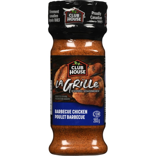 Club House La Grille Barbecue Chicken Seasoning, 203 g, in a clear plastic bottle with a black cap, containing a reddish-brown spice blend. The label features grilled chicken pieces and bilingual text highlighting its Canadian heritage since 1883. This gluten-free seasoning blend is ideal for adding bold flavour to grilled chicken and barbecue dishes.