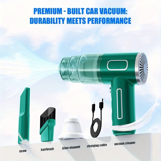 Upgraded Version, Portable Cordless Hand-held Vacuum Cleaner with cyclone suction and a rechargeable lithium battery. The green vacuum cleaner features a compact, lightweight design and includes accessories such as a crevice tool, hairbrush, filter element, and USB charging cable. Suitable for cleaning cars, offices, and homes, it offers 3.2KPa suction power and USB charging for convenience.
