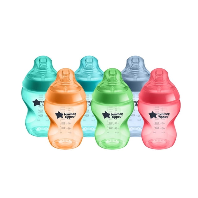 Tommee Tippee Closer to Nature Fiesta Biberon pour Bébé, 9 Oz, six Biberons Colorés Sans BPA avec Tétines à Débit Lent Semblables au Sein et valves Anti-Coliques, avec Biberons Ergonomiques Translucides orange, Vert, Rouge, Sarcelle et Bleu avec Repères de Mesure pour l'Alimentation des Nouveau-Nés.