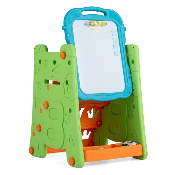 Costway Chevalet Artistique 3 en 1 pour Enfants avec Étagère à Livres, Chevalet Debout à Hauteur Réglable, 3 Ans et Plus Bleu et Vert