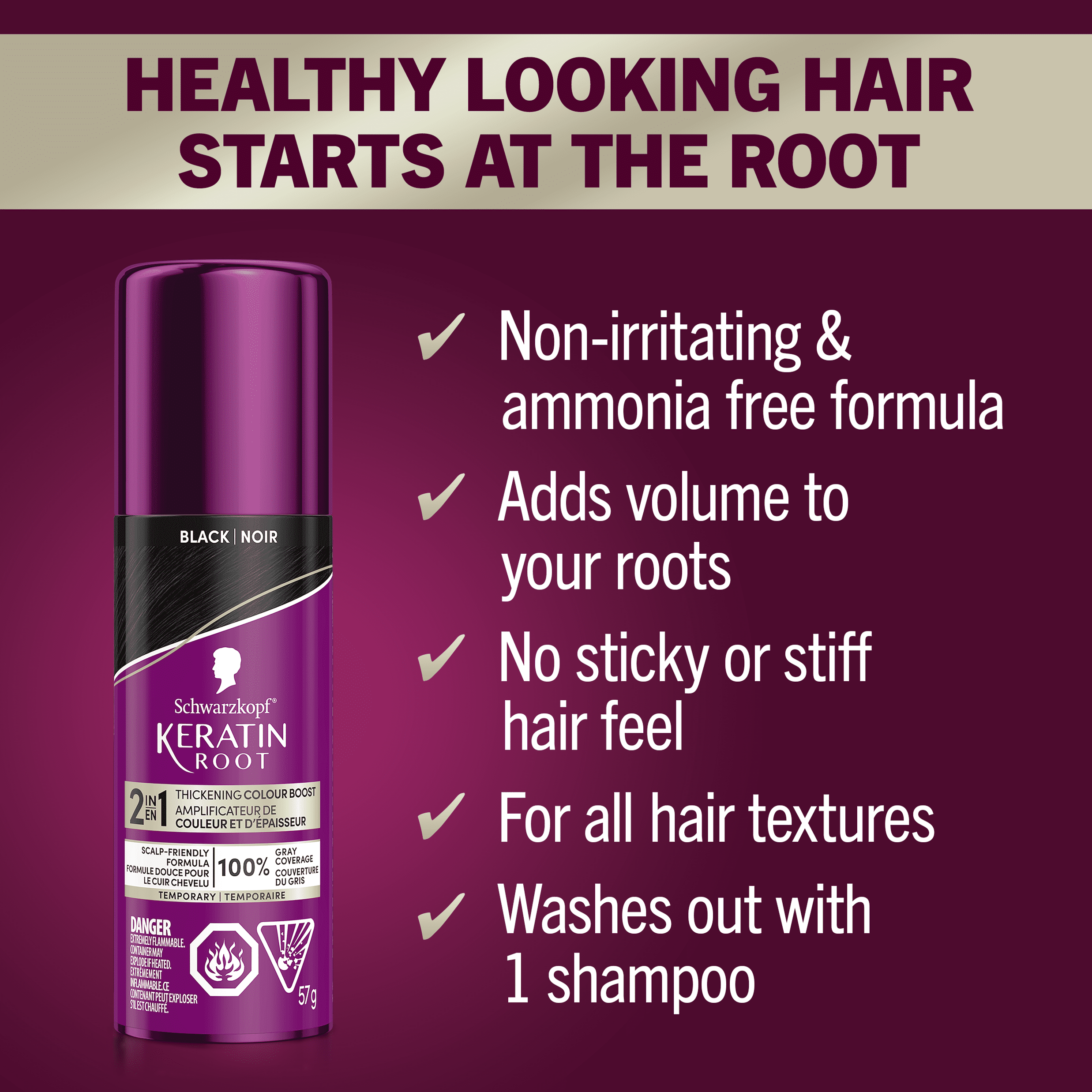 Schwarzkopf Keratin Root Temporary Hair Colour Spray, Black - Salon Inspired Temporary Hair Dye, for up 100% Grey Coverage and Thicker Looking Roots, Ammonia free