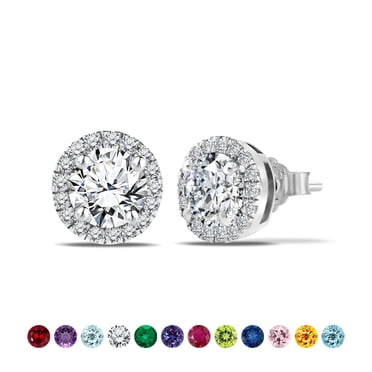JeenMata 3 Carat - April Cubic Zirconia Birthstone Halo Stud Earrings - Round Cut in 18K White Gold Plating for Women