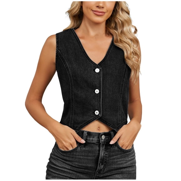 Denim Shirt Women, Coats for Women Fashion, Women's New Fashion Casual Summer Sleeveless Denim Shirt Crop Top