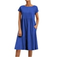 thumbnail image 1 of RKSTN Robes d'Été pour Femmes 2023 Décontractées en Coton et Lin Couleur Unie Longueur Genou Jupes Col Rond Manches Courtes Robe Midi avec Poches, 1 of 5