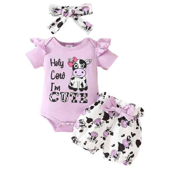 WUANDIXFA Baby Girl Summer Ruffle Outfit Baby Girl Summer Clothes I’m New Here Newborn Going Home Outfit Ruffle Ribbed Romper Tops Floral Shorts Set + Headband 0-3 Months,Purple