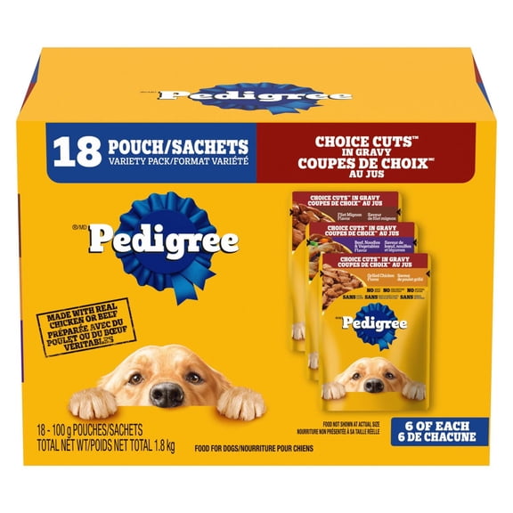 Pedigree Nourriture Humide pour Chiens Adultes Coupes de Choix au Jus Filet Mignon, Bœuf, Nouilles & Légumes, Saveur de Poulet Grillé Assortiment de Sachets 1.8kg