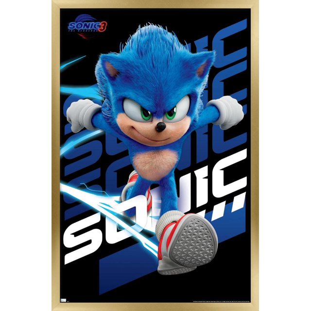 Sonic The Hedgehog 3 - Sonic Wall Poster, 22.375" x 34" showing Sonic the Hedgehog from behind in mid-run with detailed blue fur, white gloves, and red and white sneakers, on a black background with bold blue and white Sonic 3 logo text and electric blue streaks, framed in light wood. This poster is suitable for decorating bedrooms, offices, or dorm rooms.