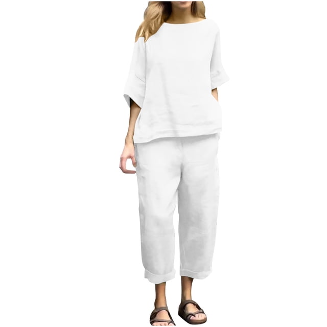 Yuyuzo Ensembles d'Été pour Femmes en Coton et Lin 2 Pcs Haut à Manches Mi-Longues Col Ras du Cou Pantalon à Jambe Droite Ensembles de Détente Assortis