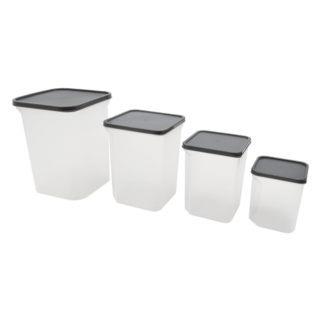 Mainstays 4 pack Grey Plastic Square Food Storage Container Set, Kitchen Pantry Organizer for Dry Food Storage