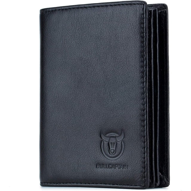 BULLCAPTAIN Large Capacity RFID Blocking Genuine Leather Wallet in black, model QB-027. This bifold wallet features 15 card slots, including 3 hidden pockets and 1 transparent ID window, along with 2 currency pockets. Made from genuine full-grain leather, it offers durability and a soft texture. The wallet incorporates advanced RFID SECURE technology to protect personal and financial information from unauthorized scans. The front showcases the embossed BULLCAPTAIN logo, adding a touch of sophistication.