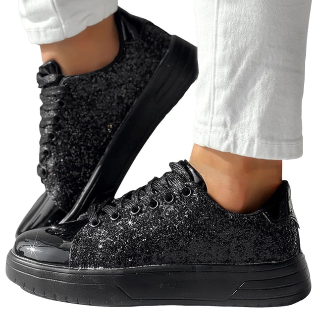 Dakaela Espadrilles de Mode à Paillettes pour Femmes, Basses, Plateforme, Strass, Chaussures de Marche et de Course, Noir 9.5