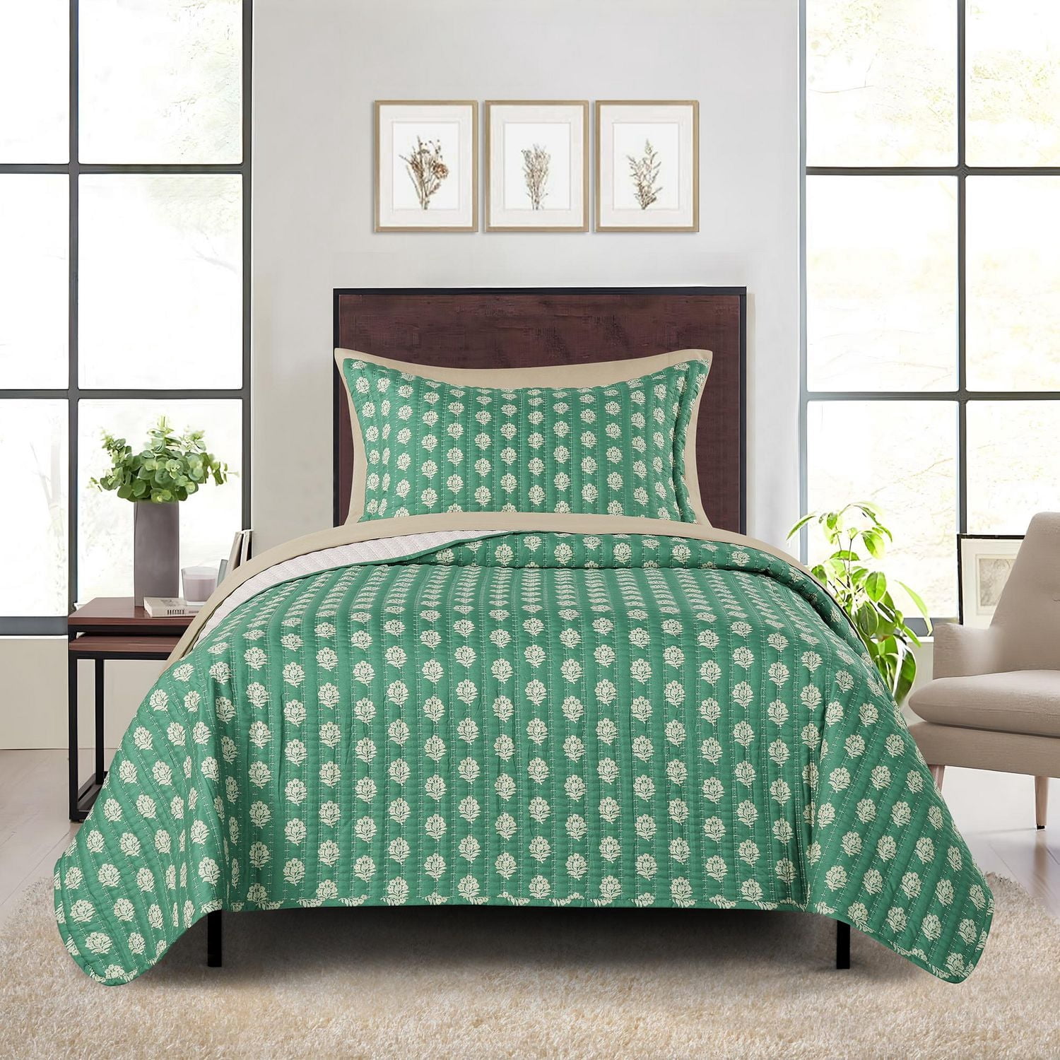 Mainstays All in One Lightweight Quilt Set and Sheet Set -5 Piece, Twin/XL, Green Floral