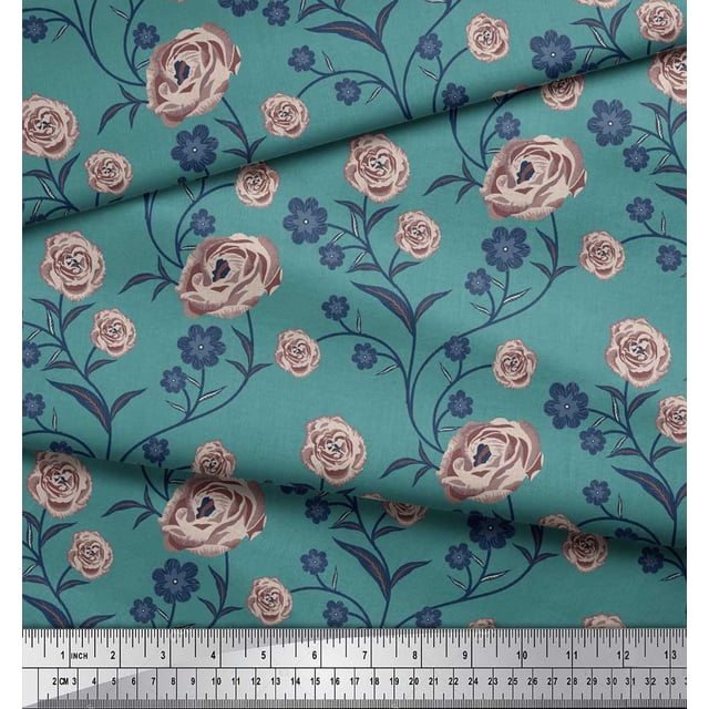 Soimoi Rayon Fabric Leaves & Rose Floral Decor Fabric Printed Yard 42 Inch Wide