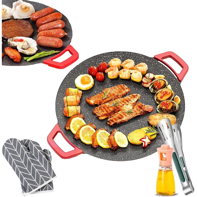 2026 New Portable Electric Korean BBQ Grill with a non-stick electric indoor grill pan featuring a 15.7-inch round cooking surface. The grill is shown with red handles and a medical stone coating, cooking a variety of foods like steaks, shrimp, vegetables, and eggs. Accessories include heat-insulating gloves, an oil spray bottle, and tongs. Designed for smokeless indoor grilling with adjustable temperature control and easy cleaning.