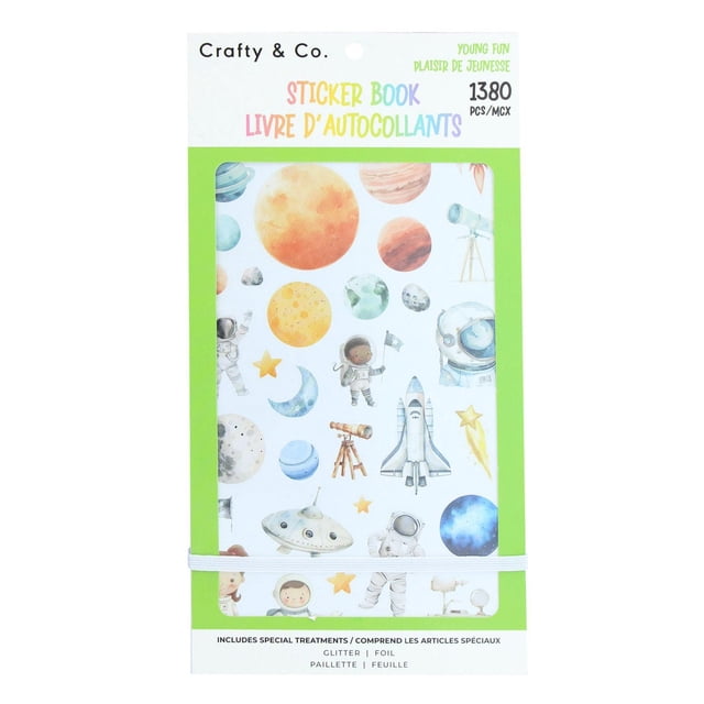 CRAFTY & CO. Young Fun Livre d'Autocollants 1380 Pcs Comprenant des Autocollants à Thème Spatial comme des Planètes, des Astronautes, des Fusées et des Télescopes avec des Finitions Pailletées et en Feuille et des Légendes Bilingues Anglais et Français, Convient au scrapbooking et aux Bricolages sur Papier.