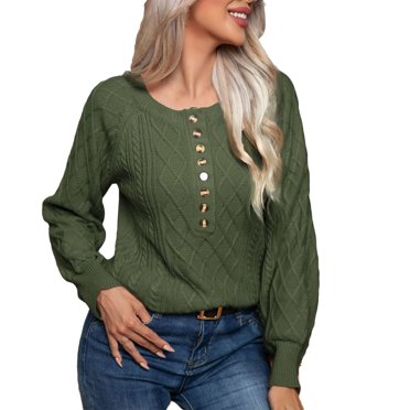 Timegard Womens Sweaters Round Neck Button Long Sleeve Slim Fitting Knit Pullover Fall Winter Clothes