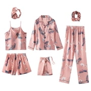 7 Pieces Womens Pajamas Sets Faux Silk Pyjama Womens Pajamas Sleepwear Sets Spring Summer Homewear