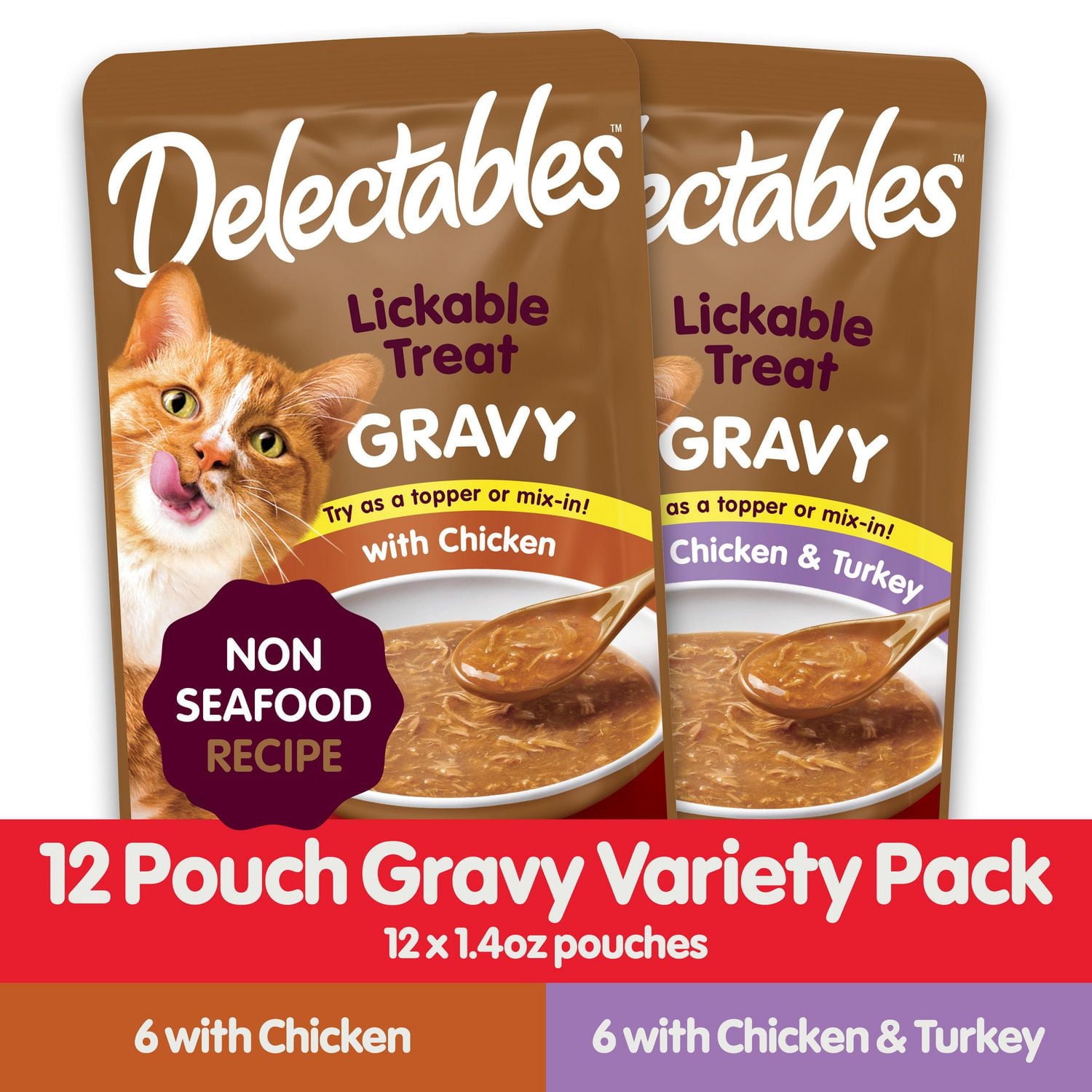 Delectables Sauce Sans Fruits de Mer Poulet, Poulet & Dinde Lot de 12 Gâteries à Lécher pour Chats