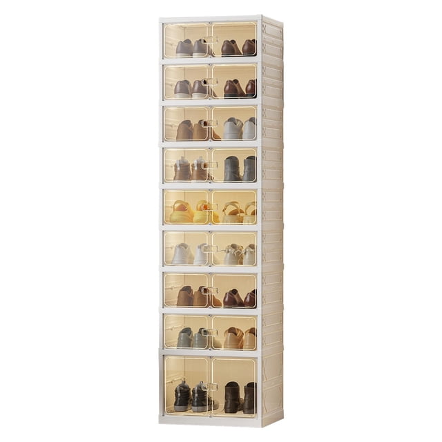 AKDSteel 9-Tier Foldable Shoe Rack Organizer, 18 Pairs Collapsible Shoe Storage Cabinet with Lids/Magnetic Clear Door for Closet, Stackable Tall Shoe Shelf Cabinet for Hallway, Living Room