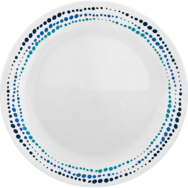 Corelle® Assiette de Souper en Verre Classique 10,25 Pouces Ocean Blue avec une surface en Verre Vitrelle® Blanche et Trois Anneaux Concentriques de Gouttes Bleues et Sarcelle Autour du Bord, Légère, Résistante aux Éclats, Compatible Micro-Ondes et Lave-Vaisselle, Convient aux Repas Quotidiens et au Rangement Peu Encombrant.