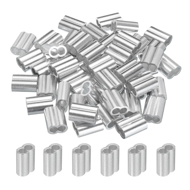 Unique Bargains 1/4' 6mm Aluminum Crimping Loop Sleeve Double Ferrule for Wire Rope Cable Line End, Silver 50 Pack