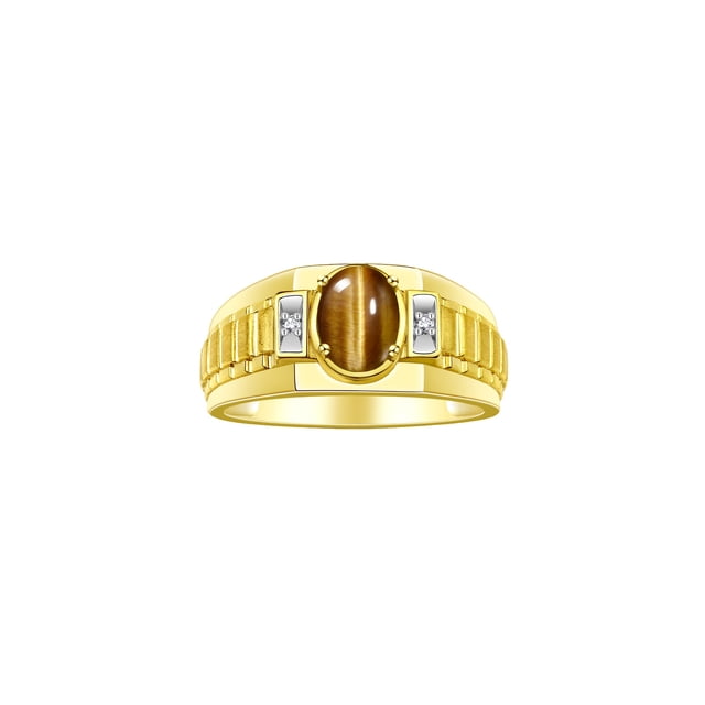 RYLOS Men's Rings Yellow Gold Plated Silver Rings Classic Designer Style 8X6MM Oval Gemstone & Diamond Ring Tiger Eye Birthstone Rings For Men Size 9