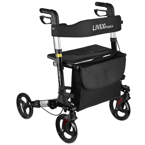One-Hand Folding Rollator Walker for Seniors and Adults with 8'' Wheels, Seat and Backrest, Aluminum Rolling Walker with Adjustable Handle, Storage Bag