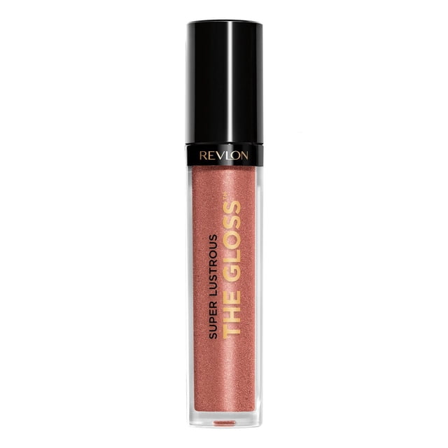 Revlon Super Lustrous™ The Gloss lip gloss in a clear rectangular tube with a black cap, showing a shimmery rose gold colour and gold lettering, providing lightweight, shiny colour with moisturizing Vitamin E and avocado oil for hydrated lips.