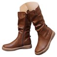 thumbnail image 1 of Mepaouo Women's Mid Calf Riding Boots Round Toe Motorcycle Booties Side Zipper Winter Flats Shoes, 1 of 5