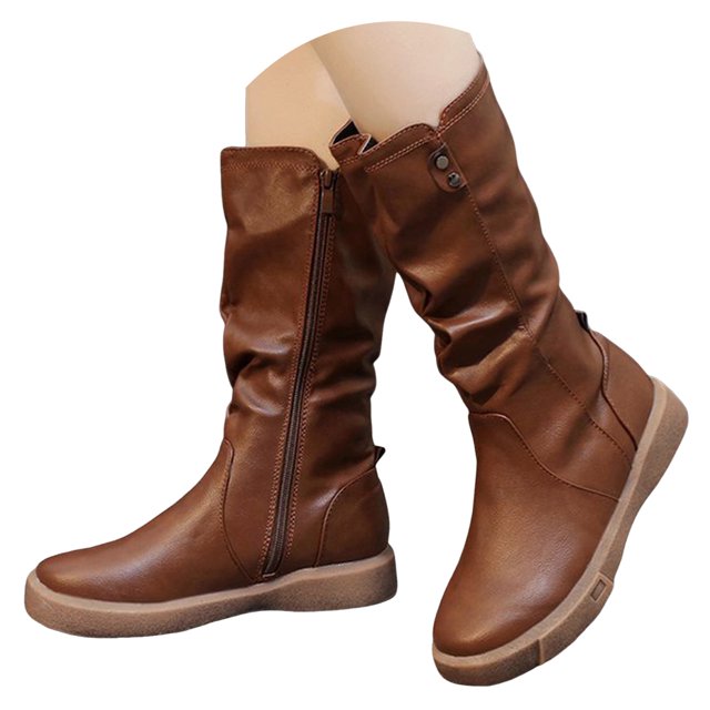 Mepaouo Women's Mid Calf Riding Boots Round Toe Motorcycle Booties Side Zipper Winter Flats Shoes